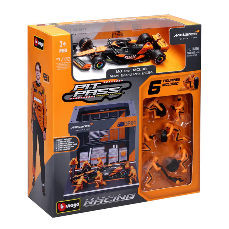 Bburago F1 McLaren F1 Team MCL38 2024 Pit Pass Diorama Oscar Piastri 1:43 Scale.